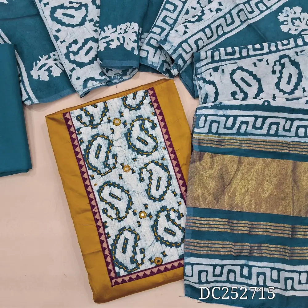 Mehandhi Yellow satin cotton unstitched salwar material(lining optional) wax batik dyed on yoke, teal blue cotton bottom, wax batik dyed soft silk cotton dupatta. DC252715