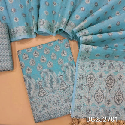 Designer pastel Blue premium soft silk cotton unstitched salwar material(lining needed) brocade  woven allover, silk cotton bottom with thread woven, premium soft silk cotton full length dupatta with brocade woven and tassels. DC252701