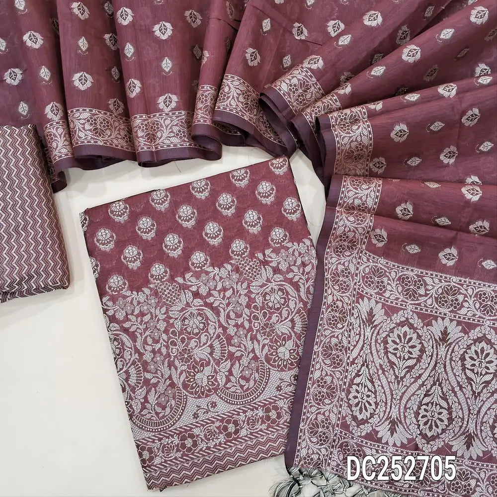 Designer Maroon premium soft silk cotton unstitched salwar material(lining needed) brocade  woven allover, silk cotton bottom with thread woven, premium soft silk cotton full length dupatta with brocade woven and tassels. DC252705