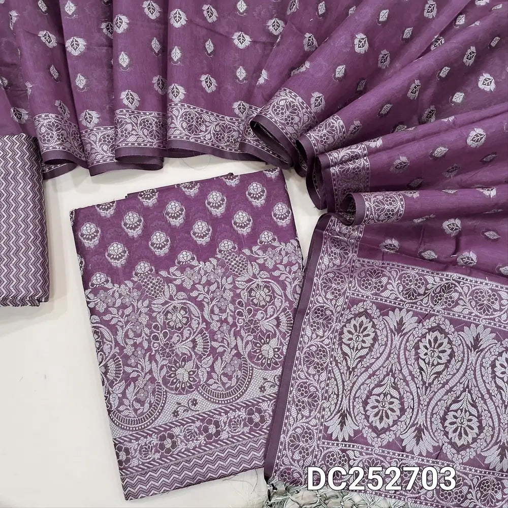 Designer Purple premium soft silk cotton unstitched salwar material(lining needed) brocade  woven allover, silk cotton bottom with thread woven, premium soft silk cotton full length dupatta with brocade woven and tassels. DC252703