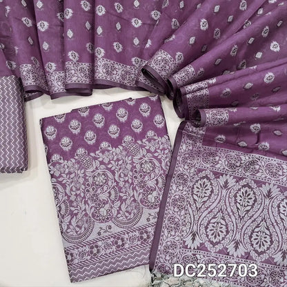 Designer Purple premium soft silk cotton unstitched salwar material(lining needed) brocade  woven allover, silk cotton bottom with thread woven, premium soft silk cotton full length dupatta with brocade woven and tassels. DC252703