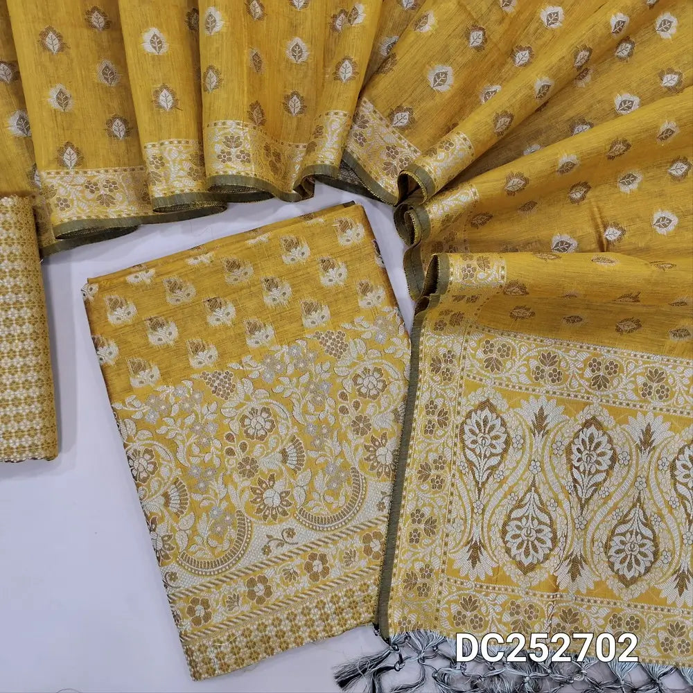 Designer mehandhi Yellow premium soft silk cotton unstitched salwar material(lining needed) brocade  woven allover, silk cotton bottom with thread woven, premium soft silk cotton full length dupatta with brocade woven and tassels. DC252702