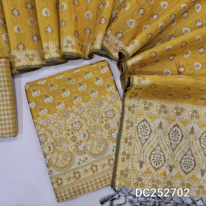 Designer mehandhi Yellow premium soft silk cotton unstitched salwar material(lining needed) brocade  woven allover, silk cotton bottom with thread woven, premium soft silk cotton full length dupatta with brocade woven and tassels. DC252702