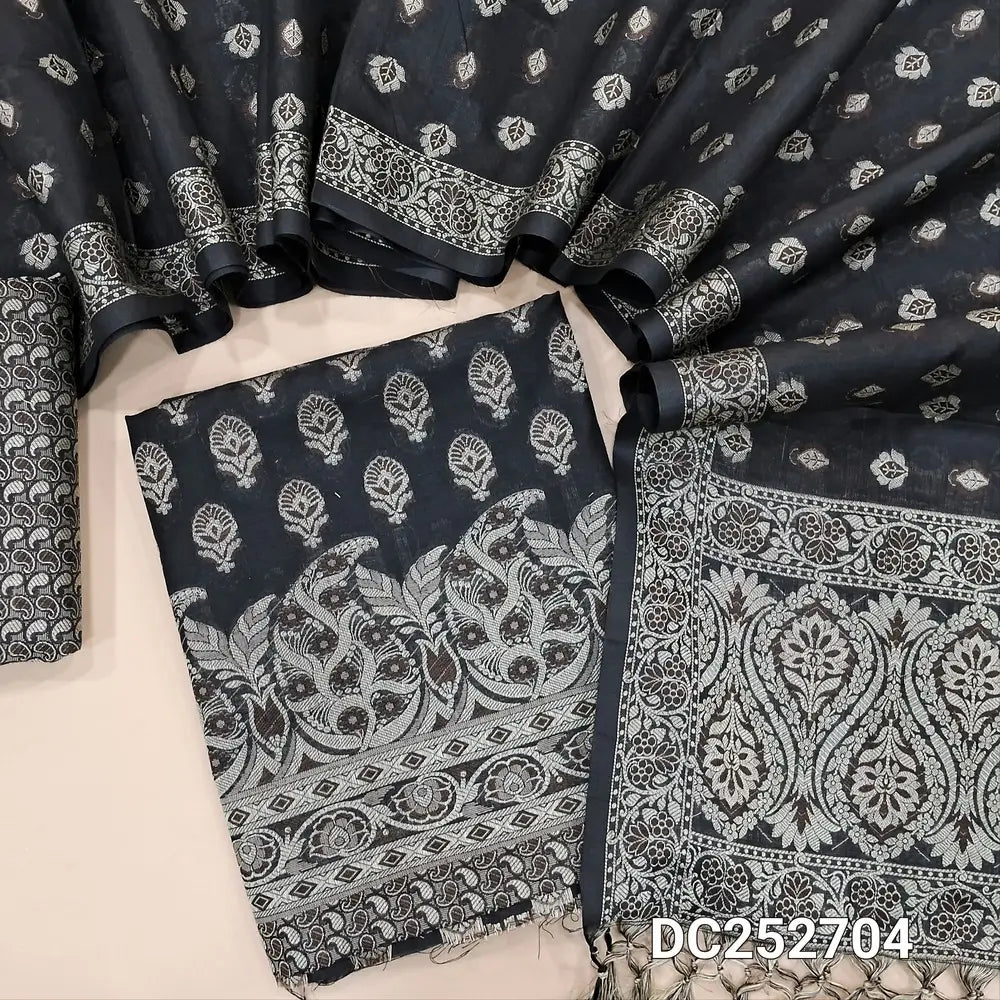Designer Black premium soft silk cotton unstitched salwar material(lining needed) brocade  woven allover, silk cotton bottom with thread woven, premium soft silk cotton full length dupatta with brocade woven and tassels. DC252704