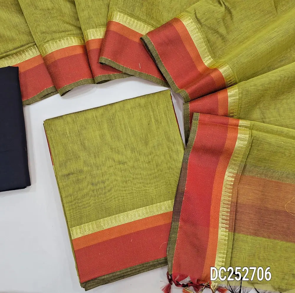 PREORDER Shipping on 5 Jan: Mossy Green Maheshwari silk cotton unstitched salwar material(lining needed) double side border, black cotton bottom, Maheshwari silk cotton full length dupatta. DC252706