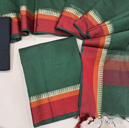 PREORDER Shipping on 5 Jan: Dark Green Maheshwari silk cotton unstitched salwar material(lining needed) double side border, black cotton bottom, Maheshwari silk cotton full length dupatta. DC252709