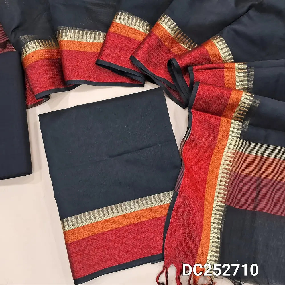 Black Maheshwari silk cotton unstitched salwar material(lining needed) double side border, black cotton bottom, Maheshwari silk cotton full length dupatta. DC252710