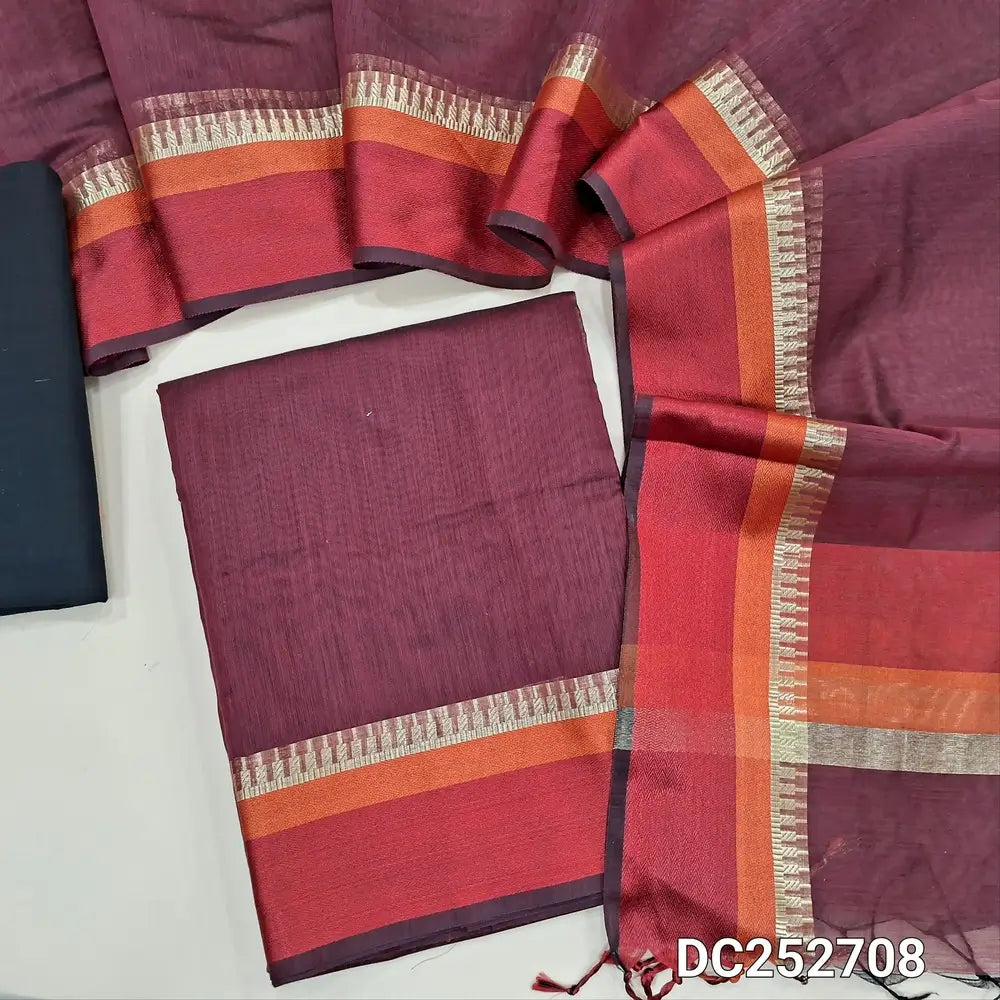 PREORDER Shipping on 5 Jan: Dark Maroon Maheshwari silk cotton unstitched salwar material(lining needed) double side border, black cotton bottom, Maheshwari silk cotton full length dupatta. DC252708