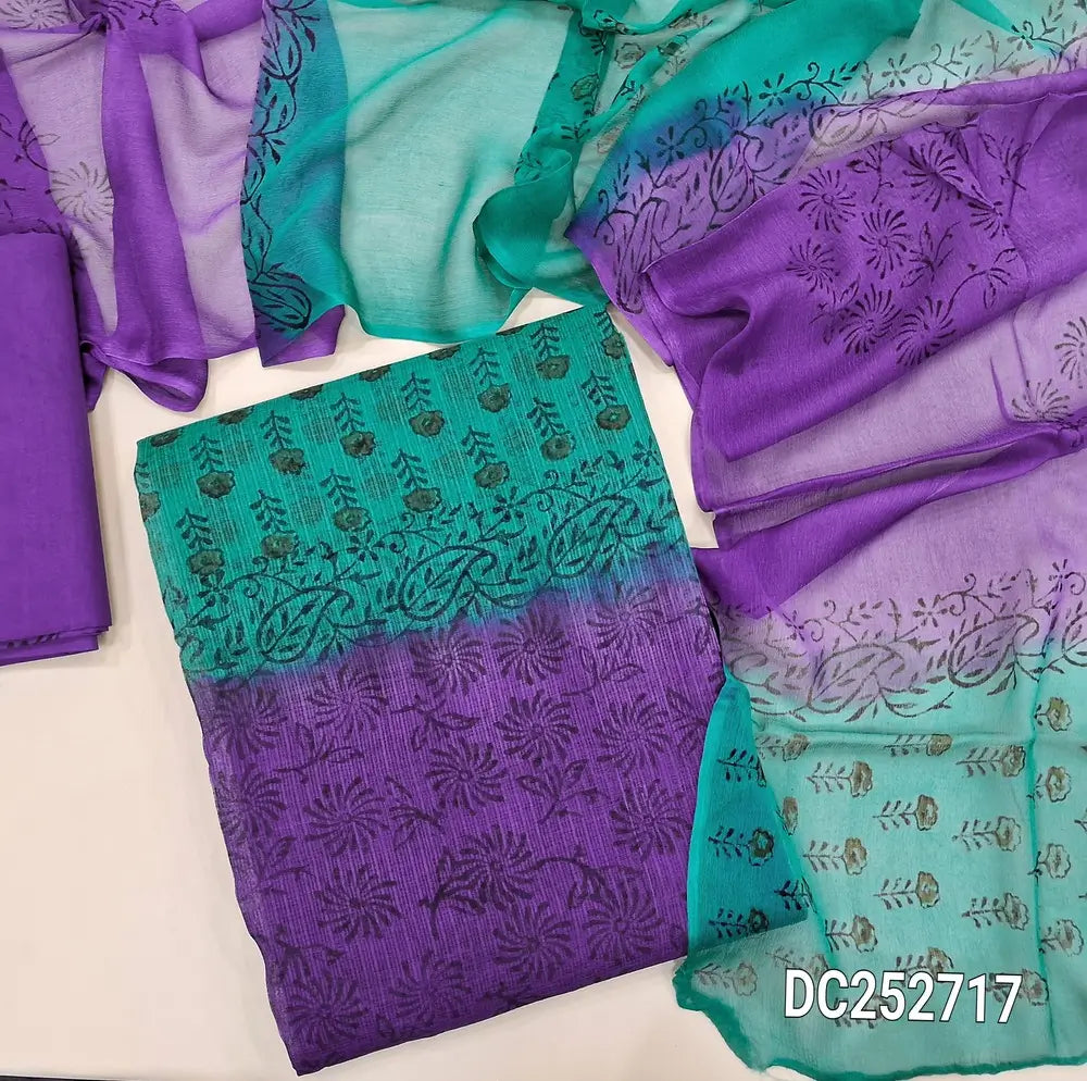 Purple & turquoise green orange kota cotton unstitched salwar material(lining needed) hand block printed allover, lining included, block printed cotton bottom, hand block printed chiffon dupatta. DC252717