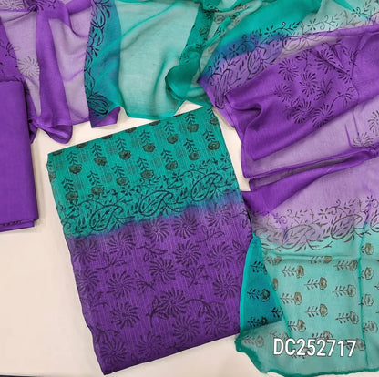 Purple & turquoise green orange kota cotton unstitched salwar material(lining needed) hand block printed allover, lining included, block printed cotton bottom, hand block printed chiffon dupatta. DC252717