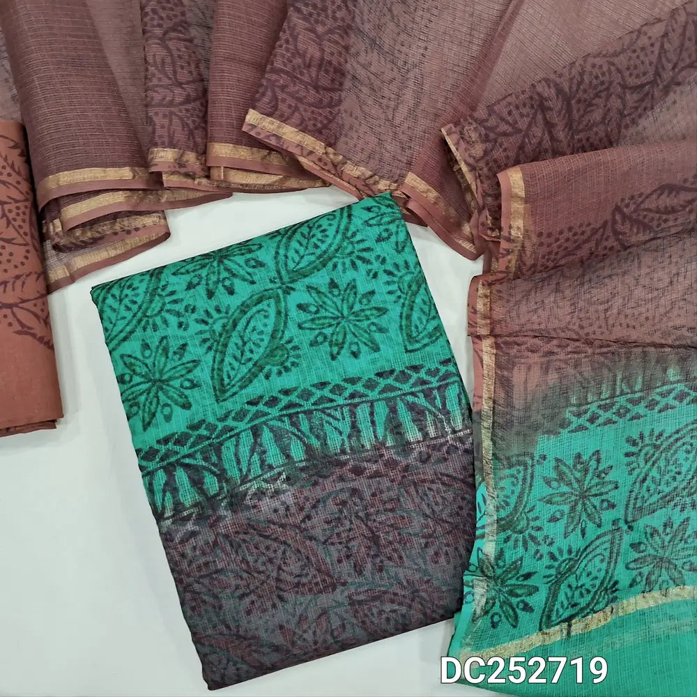 Light Brown & turquoise green orange kota cotton unstitched salwar material(lining needed) hand block printed allover, lining included, block printed cotton bottom, hand block printed kota cotton dupatta. DC252719