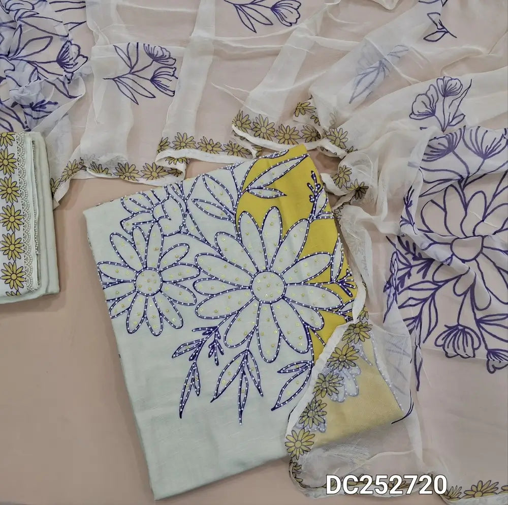Designer half white & light yellow premium pure linen unstitched salwar material (lining needed) crochet lace work on yoke, heavy bead work on front, matching cotton bottom, printed short width chiffon dupatta. DC252720