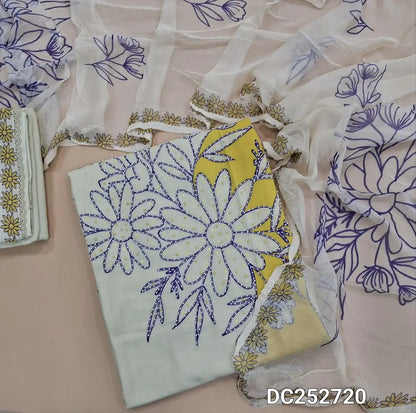 Designer half white & light yellow premium pure linen unstitched salwar material (lining needed) crochet lace work on yoke, heavy bead work on front, matching cotton bottom, printed short width chiffon dupatta. DC252720