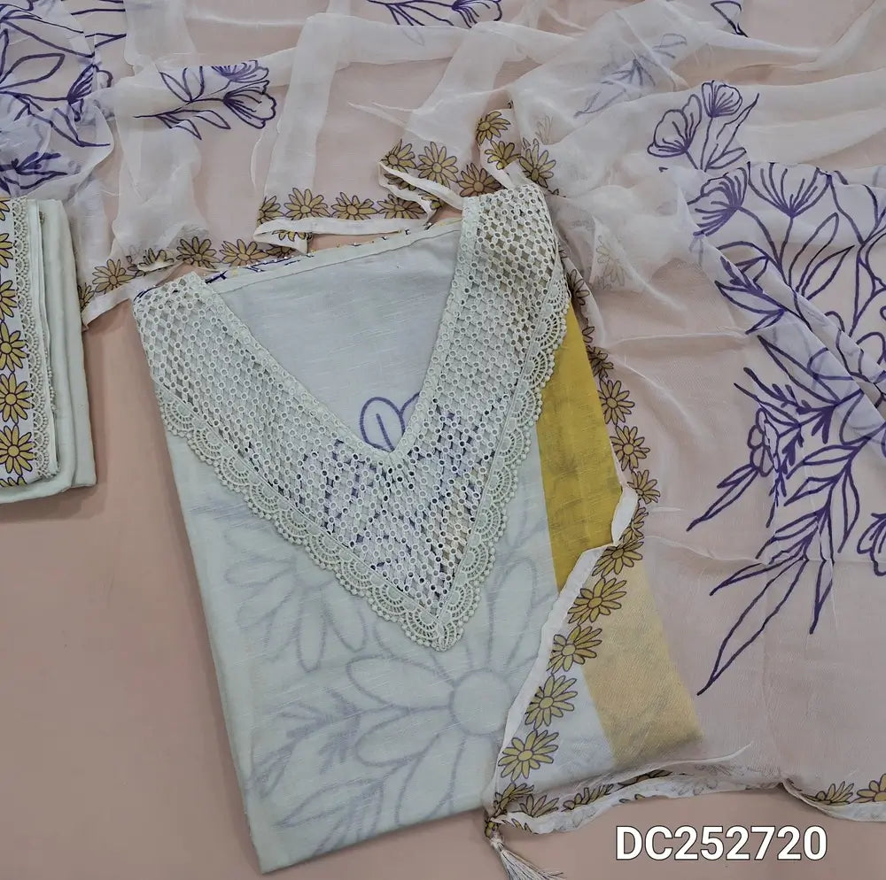 Designer half white & light yellow premium pure linen unstitched salwar material (lining needed) crochet lace work on yoke, heavy bead work on front, matching cotton bottom, printed short width chiffon dupatta. DC252720