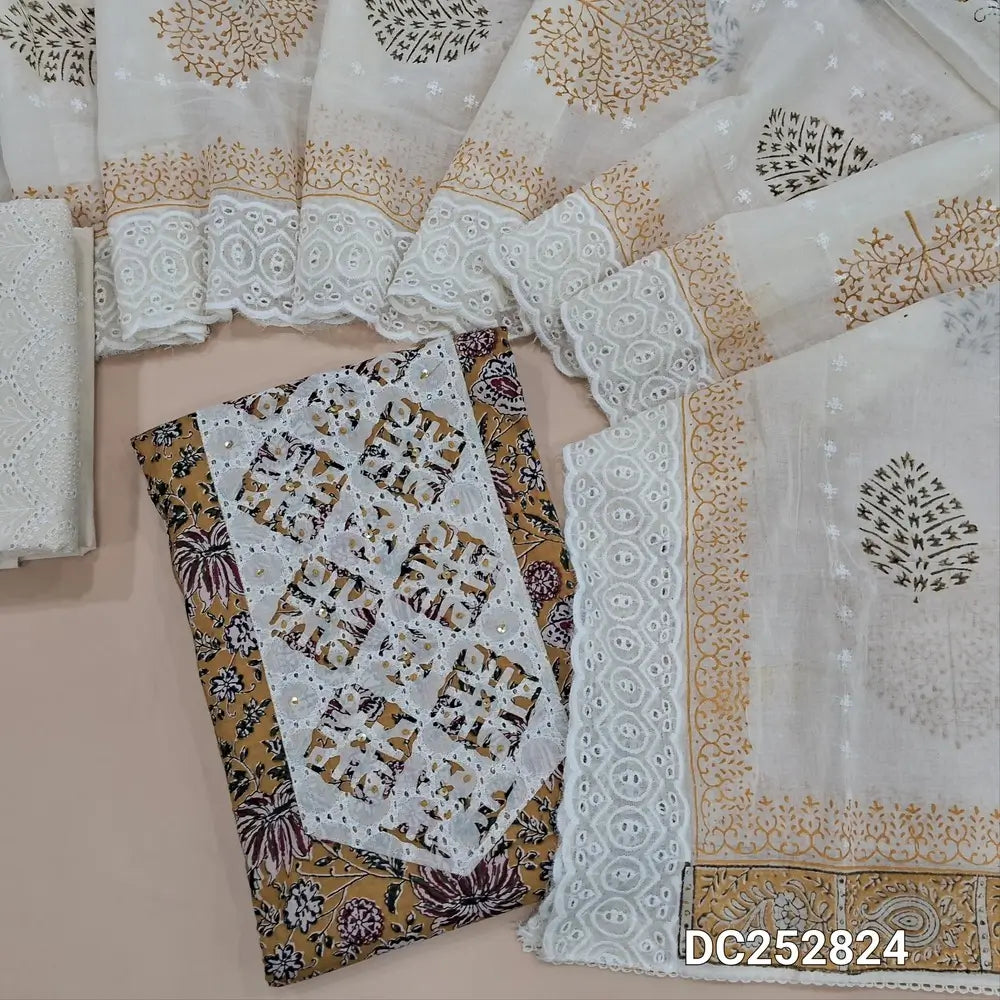 Printed mehandhi Yellow pure cotton unstitched salwar material(lining optional) applique work on yoke, embroidery half white cotton bottom,  block print, embroidered  cotton dupatta. DC252824