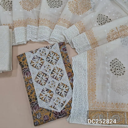 Printed mehandhi Yellow pure cotton unstitched salwar material(lining optional) applique work on yoke, embroidery half white cotton bottom,  block print, embroidered  cotton dupatta. DC252824