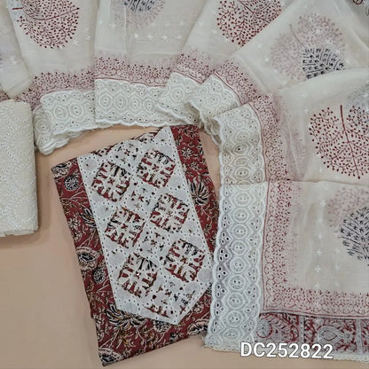Printed dark Maroon pure cotton unstitched salwar material(lining optional) applique work on yoke, embroidery half white cotton bottom,  block print, embroidered  cotton dupatta. DC252822