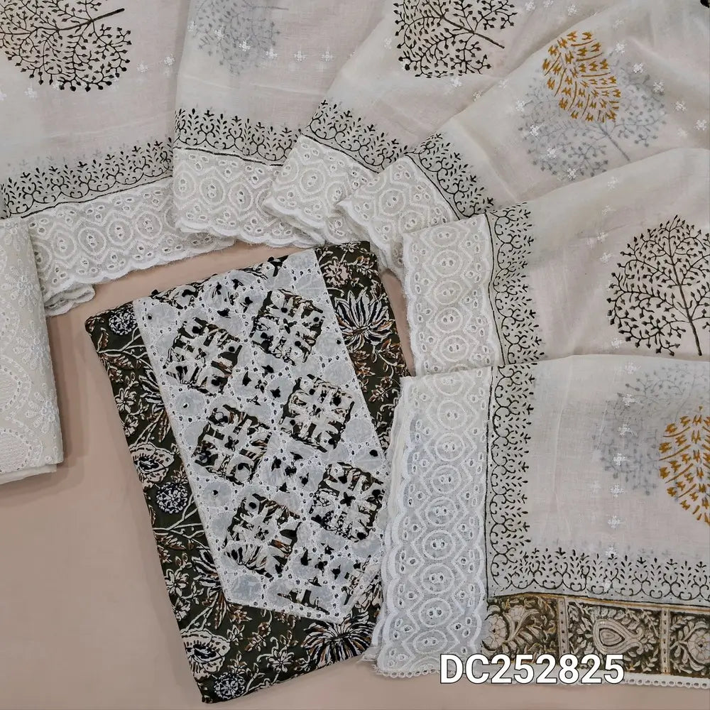 Printed dark olive Green pure cotton unstitched salwar material(lining optional) applique work on yoke, embroidery half white cotton bottom,  block print, embroidered  cotton dupatta. DC252825