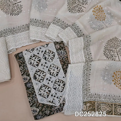 Printed dark olive Green pure cotton unstitched salwar material(lining optional) applique work on yoke, embroidery half white cotton bottom,  block print, embroidered  cotton dupatta. DC252825