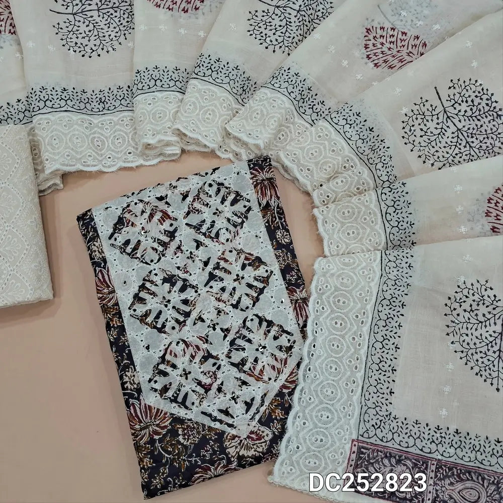 Printed dark Blue pure cotton unstitched salwar material(lining optional) applique work on yoke, embroidery half white cotton bottom,  block print, embroidered  cotton dupatta. DC252823
