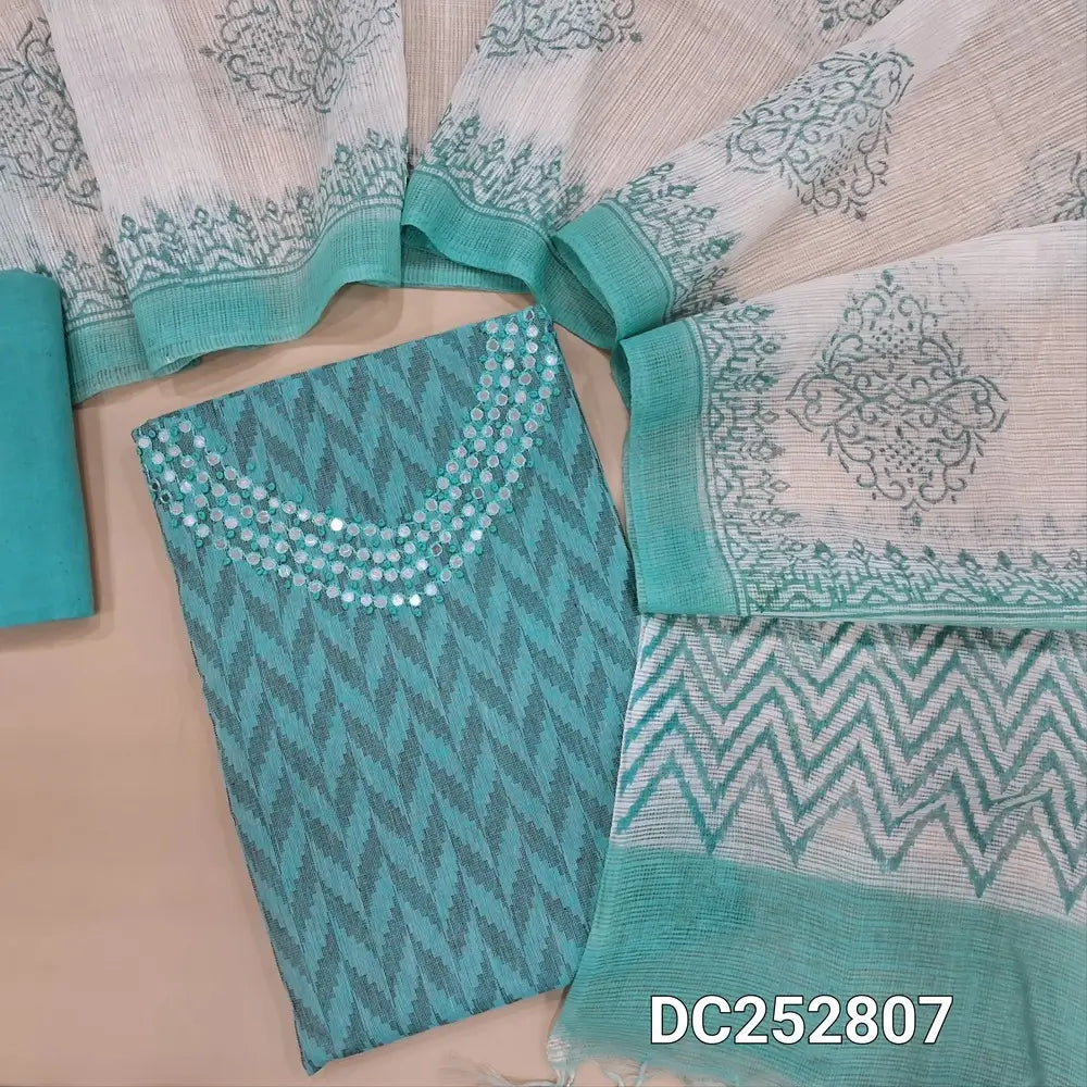 PREORDER SHIPPING AFTER JAN 5 Ikat woven pastel Blue south handloom cotton unstitched salwar material (lining needed) thread, faux mirror work on yoke, matching cotton bottom,  block printed fancy kota silk cotton dupatta. DC252807