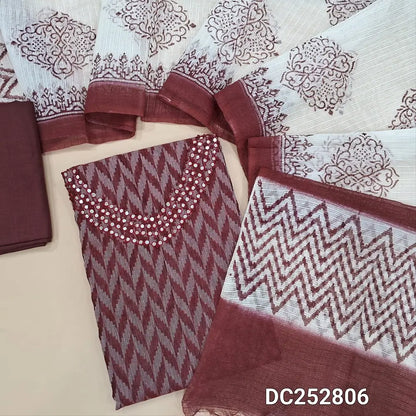 PREORDER SHIPPING AFTER JAN 5 Ikat woven dark Maroon south handloom cotton unstitched salwar material (lining needed) thread, faux mirror work on yoke, matching cotton bottom,  block printed fancy kota silk cotton dupatta. DC252806