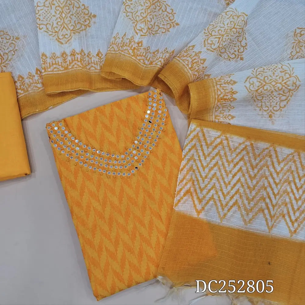PREORDER SHIPPING AFTER JAN 5 Ikat woven bright Yellow south handloom cotton unstitched salwar material (lining needed) thread, faux mirror work on yoke, matching cotton bottom,  block printed fancy kota silk cotton dupatta. DC252805
