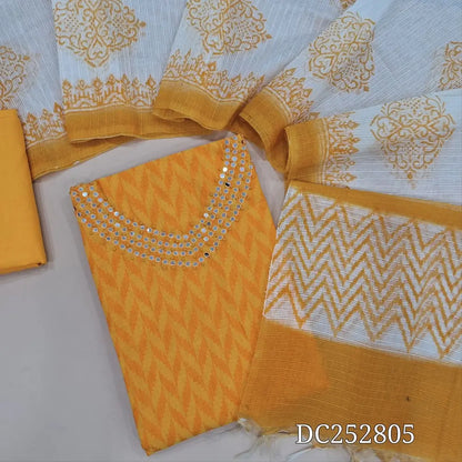 PREORDER SHIPPING AFTER JAN 5 Ikat woven bright Yellow south handloom cotton unstitched salwar material (lining needed) thread, faux mirror work on yoke, matching cotton bottom,  block printed fancy kota silk cotton dupatta. DC252805