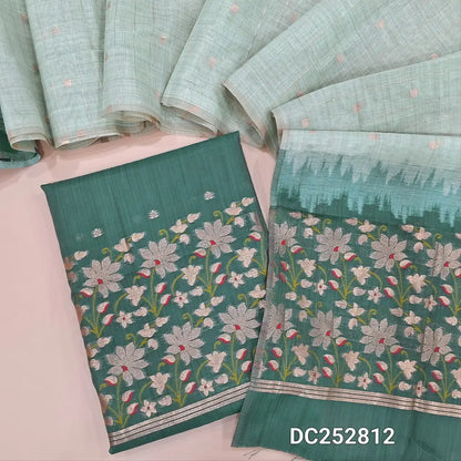PREORDER SHIPPING AFTER JAN 5 teal Green jamdani woven silk cotton unstitched salwar material (lining needed) heavy jamdani woven daman, zari buttas on front, NO BOTTOM, dual shaded premium silk cotton dupatta with jamdani woven pallu. DC252812