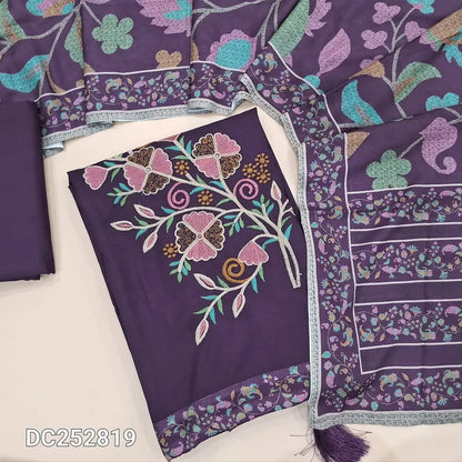 Purple liquid fabric unstitched salwar material (lining needed) embroidery work on front, matching liquid fabric bottom, printed mixed cotton dupatta. DC252819