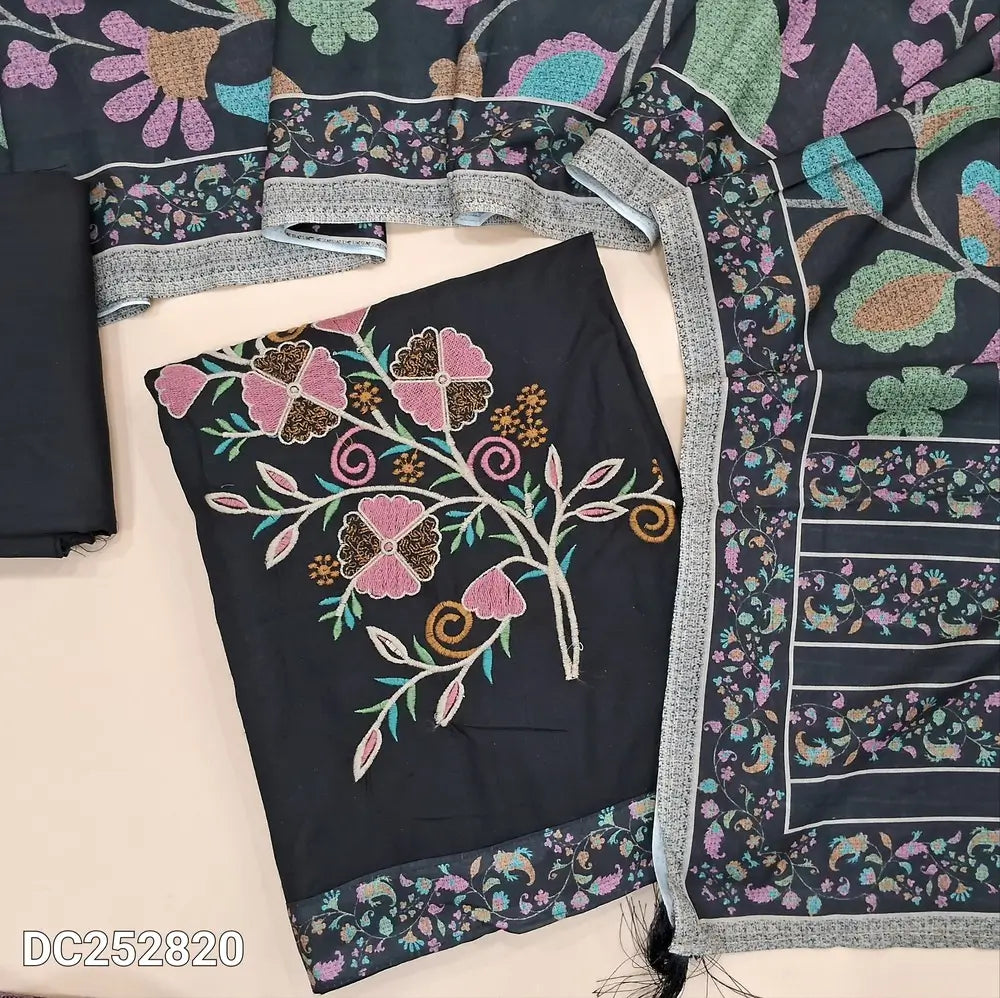 Black liquid fabric unstitched salwar material (lining needed) embroidery work on front, matching liquid fabric bottom, printed mixed cotton dupatta. DC252820
