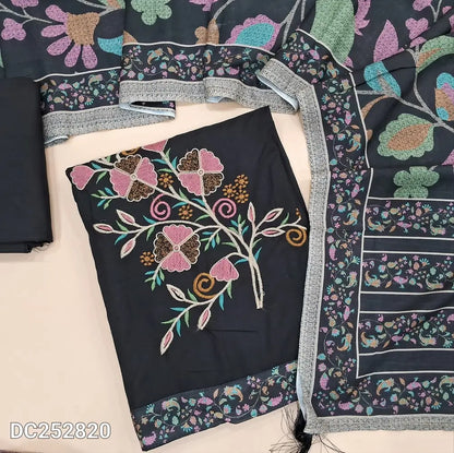 Black liquid fabric unstitched salwar material (lining needed) embroidery work on front, matching liquid fabric bottom, printed mixed cotton dupatta. DC252820