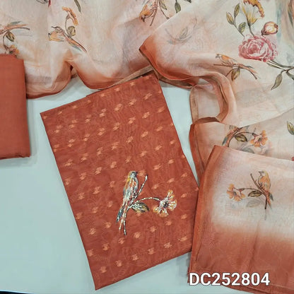 PREORDER SHIPPING AFTER JAN 5 Digital printed brick Red soft silk cotton unstitched salwar material (lining needed) thread, bead work on front, zari butts allover, matching santoon bottom, digital printed fancy silk cotton dupatta. DC252804