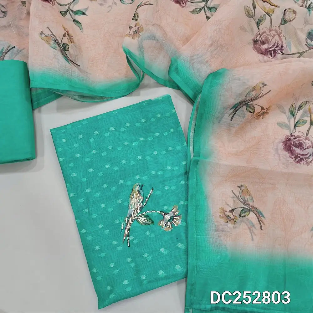 Digital printed turquoise Blue soft silk cotton unstitched salwar material (lining needed) thread, bead work on front, zari butts allover, matching santoon bottom, digital printed fancy silk cotton dupatta. DC252803