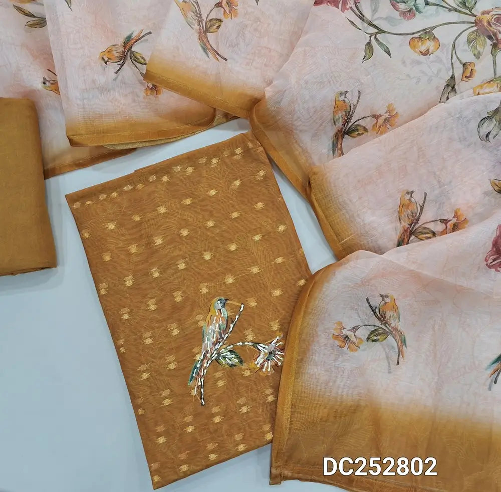 Digital printed mehandhi Yellow soft silk cotton unstitched salwar material (lining needed) thread, bead work on front, zari butts allover, matching santoon bottom, digital printed fancy silk cotton dupatta. DC252802