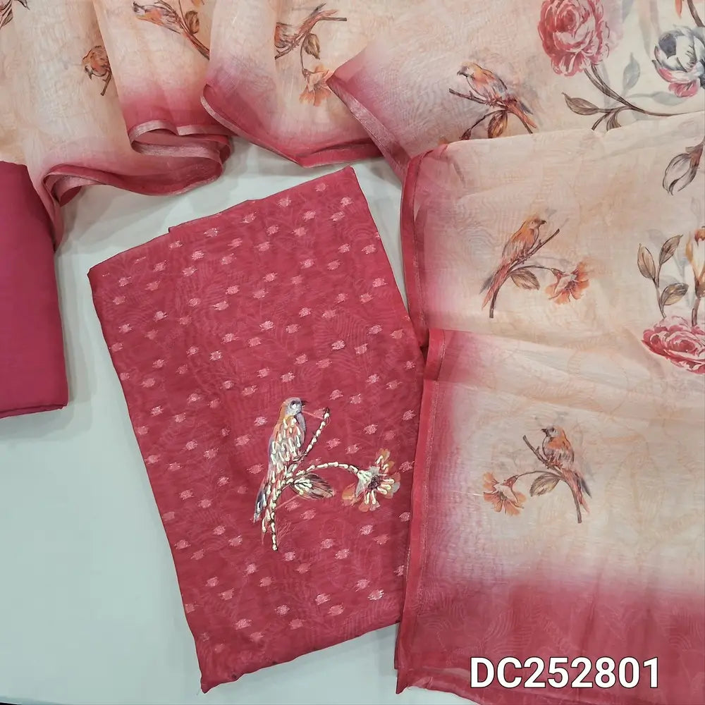 PREORDER SHIPPING AFTER JAN 5 Digital printed peachish Pink soft silk cotton unstitched salwar material (lining needed) thread, bead work on front, zari butts allover, matching santoon bottom, digital printed fancy silk cotton dupatta. DC252801