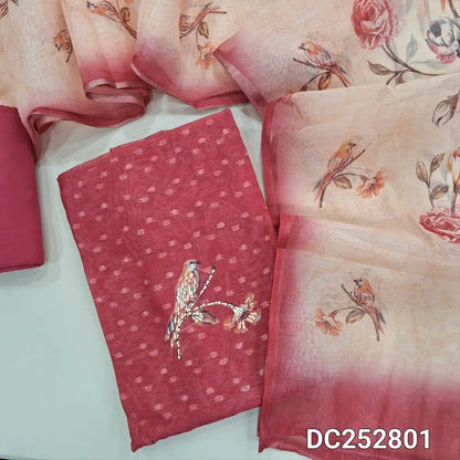 PREORDER SHIPPING AFTER JAN 5 Digital printed peachish Pink soft silk cotton unstitched salwar material (lining needed) thread, bead work on front, zari butts allover, matching santoon bottom, digital printed fancy silk cotton dupatta. DC252801