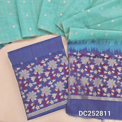 PREORDER SHIPPING AFTER JAN 5 purplish Blue jamdani woven silk cotton unstitched salwar material (lining needed) heavy jamdani woven daman, zari buttas on front, NO BOTTOM, dual shaded premium silk cotton dupatta with jamdani woven pallu. DC252811