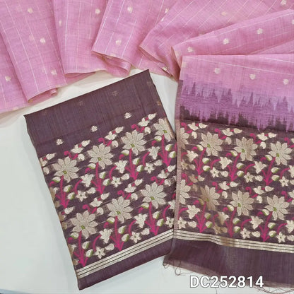 PREORDER SHIPPING AFTER JAN 5 Brown jamdani woven silk cotton unstitched salwar material (lining needed) heavy jamdani woven daman, zari buttas on front, NO BOTTOM, dual shaded premium silk cotton dupatta with jamdani woven pallu. DC252814