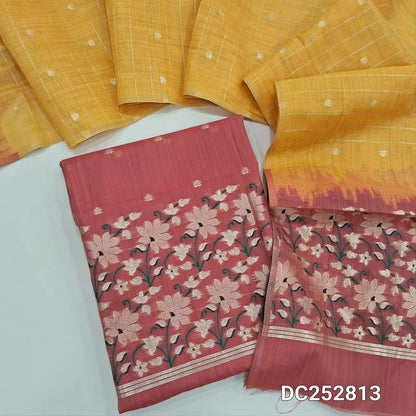 PREORDER SHIPPING AFTER JAN 5 peachish Pink jamdani woven silk cotton unstitched salwar material (lining needed) heavy jamdani woven daman, zari buttas on front, NO BOTTOM, dual shaded premium silk cotton dupatta with jamdani woven pallu. DC252813