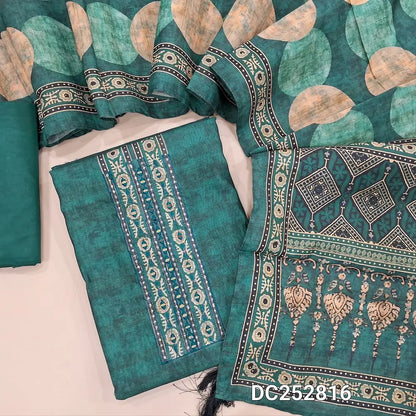 Premium teal Blue tussar silk unstitched salwar material (lining needed) real mirror, zari embroidery work on yoke, matching silky bottom, printed tussar silk full length dupatta. DC252815