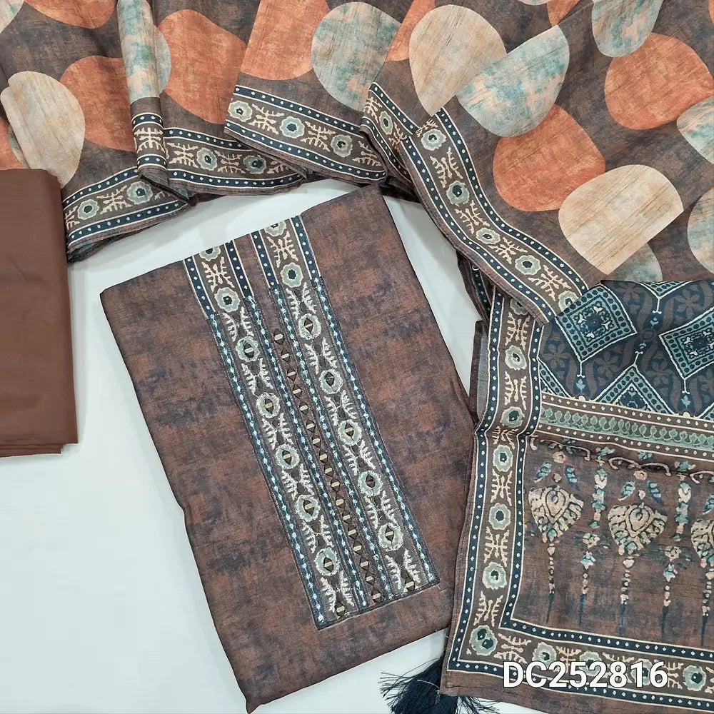 Premium Brown tussar silk unstitched salwar material (lining needed) real mirror, zari embroidery work on yoke, matching silky bottom, printed tussar silk full length dupatta. DC252816