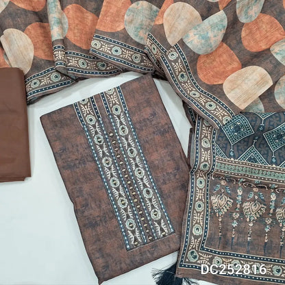 Premium Brown tussar silk unstitched salwar material (lining needed) real mirror, zari embroidery work on yoke, matching silky bottom, printed tussar silk full length dupatta. DC252816