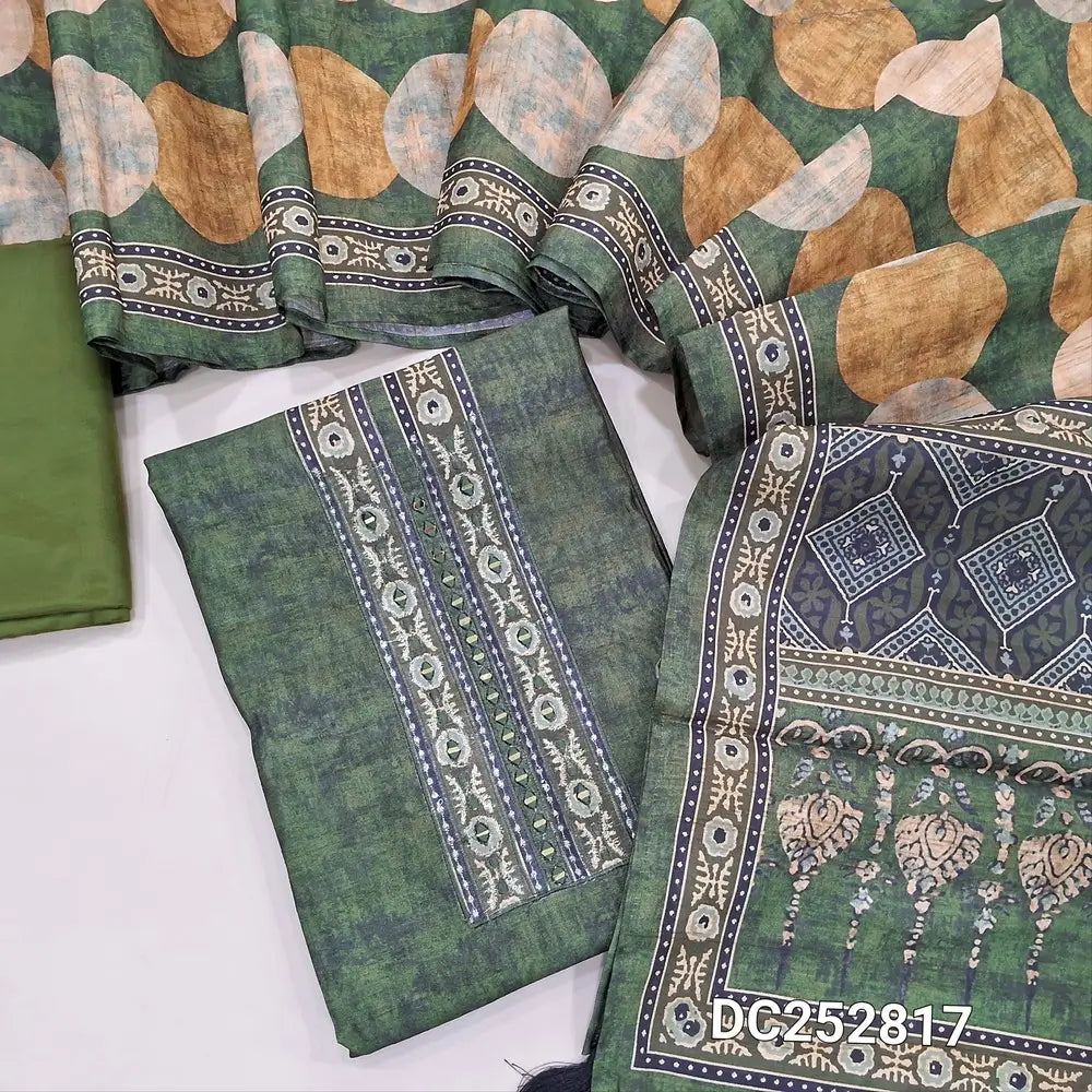 Premium olive Green tussar silk unstitched salwar material (lining needed) real mirror, zari embroidery work on yoke, matching silky bottom, printed tussar silk full length dupatta. DC252817