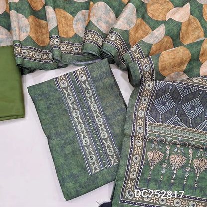 Premium olive Green tussar silk unstitched salwar material (lining needed) real mirror, zari embroidery work on yoke, matching silky bottom, printed tussar silk full length dupatta. DC252817