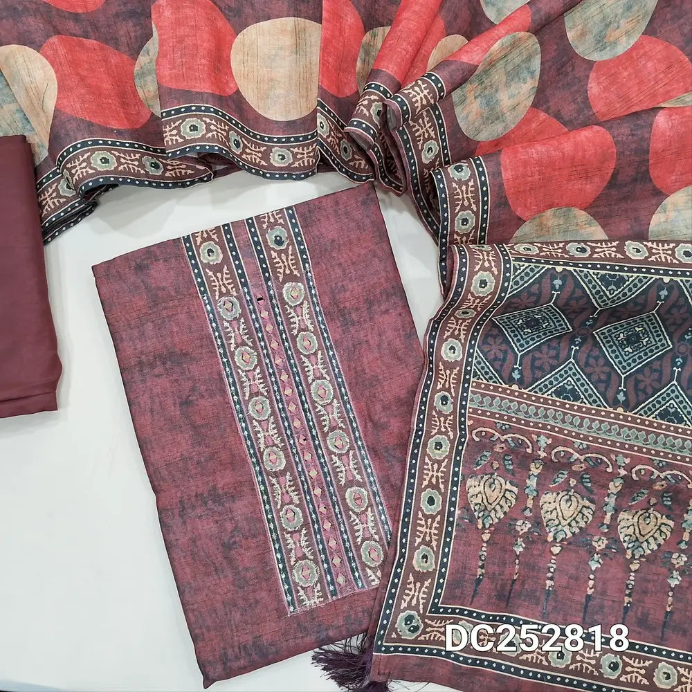 Premium Maroon tussar silk unstitched salwar material (lining needed) real mirror, zari embroidery work on yoke, matching silky bottom, printed tussar silk full length dupatta. DC252818