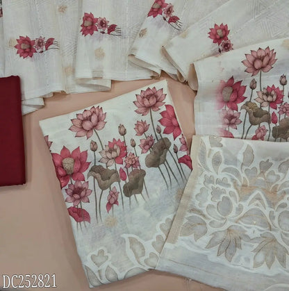 Premium half White linen unstitched salwar material(lining needed) digital floral print, thread, zari weaving on front, maroon cotton bottom, digital floral print, thread, zari woven design on linen dupatta. DC252821