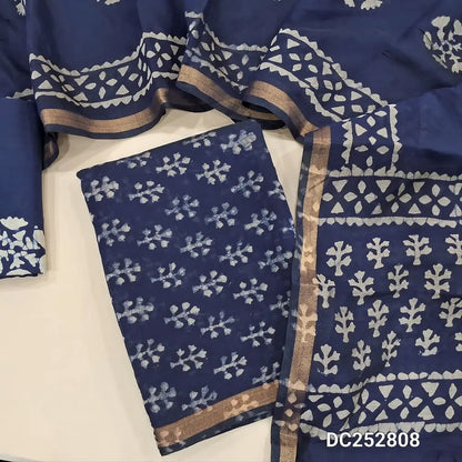 Batik dyed Blue soft silk cotton unstitched salwar material (lining needed) tissue borders on daman, matching batik dyed cotton bottom, batik dyed soft silk cotton full length dupatta (TAPING NEEDED). DC252808