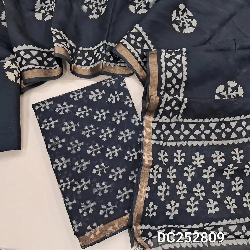 Batik dyed Black soft silk cotton unstitched salwar material (lining needed) tissue borders on daman, matching batik dyed cotton bottom, batik dyed soft silk cotton full length dupatta (TAPING NEEDED). DC252809