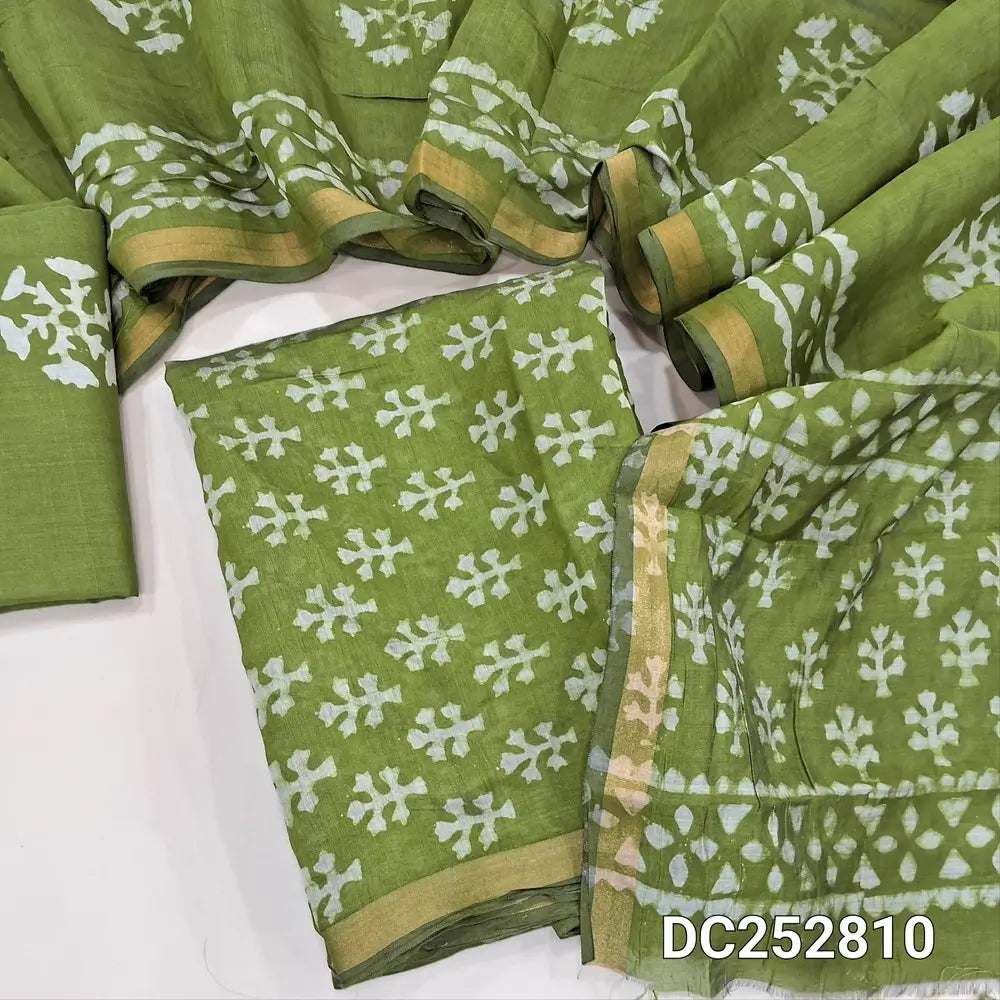 Batik dyed mossy Green soft silk cotton unstitched salwar material (lining needed) tissue borders on daman, matching batik dyed cotton bottom, batik dyed soft silk cotton full length dupatta (TAPING NEEDED). DC252810